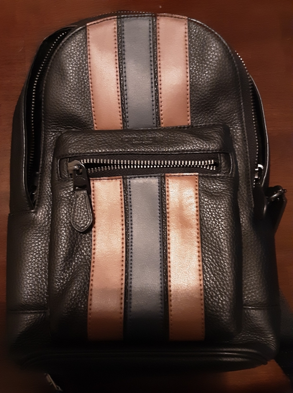 Coach Black Leather Sling Backpack with Brown and Dark Gray Stripes - Picture 2 of 8